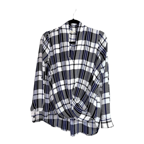 PLEIONE Black & Blue Wrap Style Polka Dot Long Sleeve Snap Blouse Top Size M - Picture 1 of 11